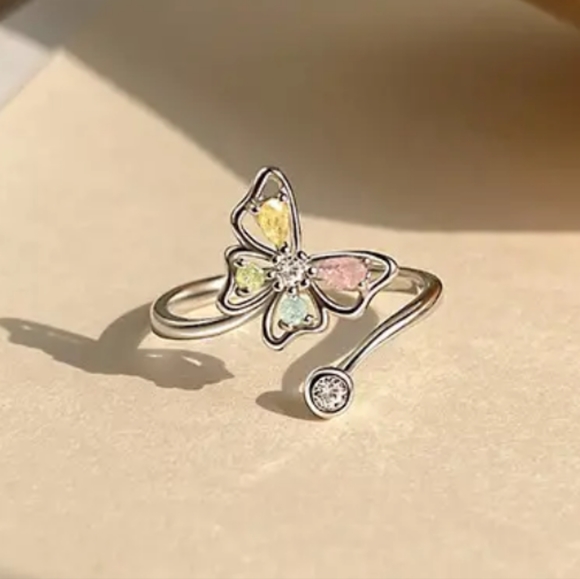925 Sterling Silver Plated Alloy Adjustable Butterfly Ring CZ Rhinestones - Picture 5 of 7